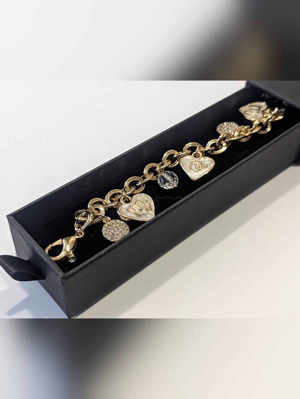 Y2K Vintage Swarovski Crystal MOM Heart Charm Bracelet Champagne Gold | NOS - Picture 2 of 8